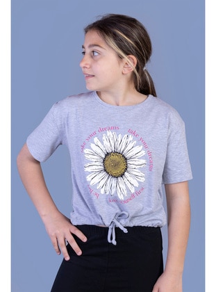 Printed - Crew neck - Unlined - Gray - Girls` T-Shirt - Toontoy