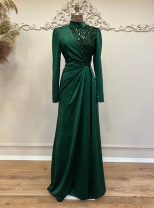 Emerald - Fully Lined - Crew neck - Modest Evening Dress - Ebru Çelikkaya