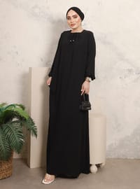 Lined Collar Modest Dress Black