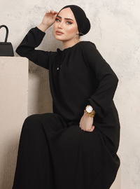 Lined Collar Modest Dress Black