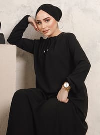 Lined Collar Modest Dress Black