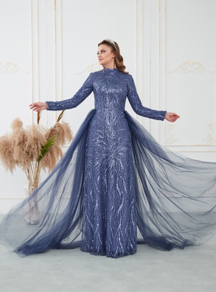 Blue - Fully Lined -  - Modest Evening Dress - Aslan Polat