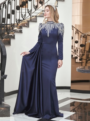 Navy Blue - Fully Lined -  - Modest Evening Dress - Aslan Polat