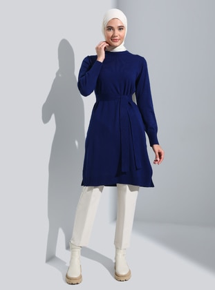 Slit Detailed Belted Knit Tunic - Navy Blue - Refka Casual