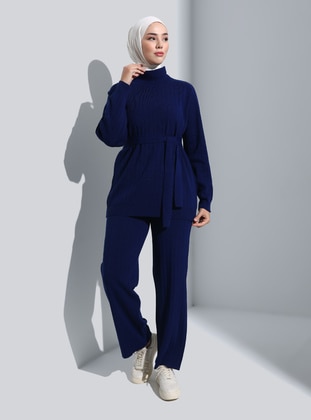 Navy Blue - Unlined - Polo neck - Knit Suits - Refka
