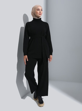 Black - Unlined - Polo neck - Knit Suits - Refka