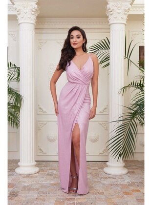 Fully Lined - 1000gr - Pink - V neck Collar - Evening Dresses - Carmen
