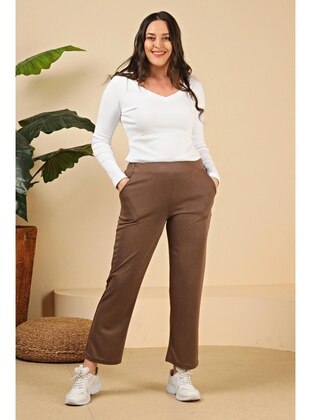 Brown - Plus Size Pants - Ferace