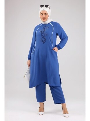 Women's Plus Size Top And Bottom Suit Piping And Stone Embroidery Indigo
