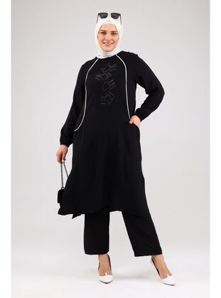 Women's Plus Size Top And Bottom Suit Piping And Stone Embroidery Black