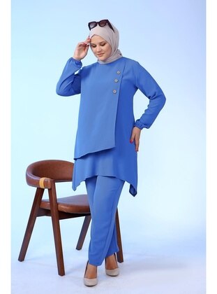 Women's Plus Size Button Down Double Hijab Tunic Set Indigo