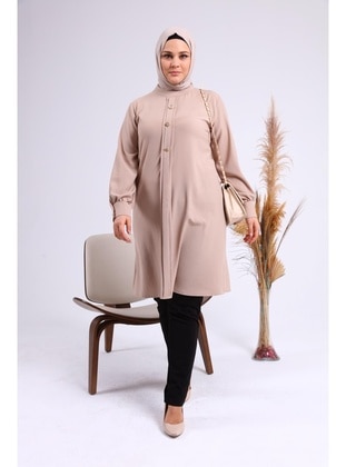 Women Plus Size Hijab Tunic Button Down Aerobin Fabric Stone