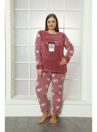 Coffee Color Pattern Plush Fleece Plus Size Women's Pajama Set 20209 Rose