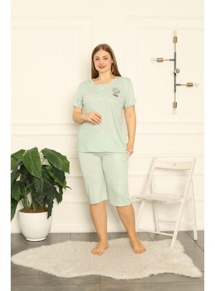 Sea Green - Printed - Plus Size Pyjamas - Seboteks