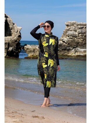 Exotic Pattern Long Gilet Covered Hijab Swimsuit 2360 Black