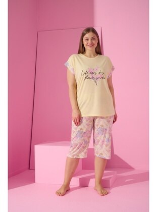 Yellow - Printed - Plus Size Pyjamas - Seboteks