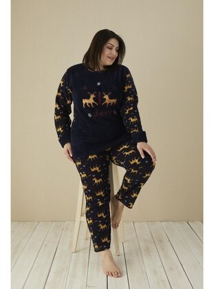 Plush Fleece Plus Size Women's Pajama Set 20169 Navy Blue With Deer Print Pockets