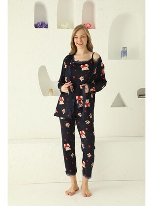 Navy Blue - Crew neck - Heart Print - Pyjama Set - Seboteks
