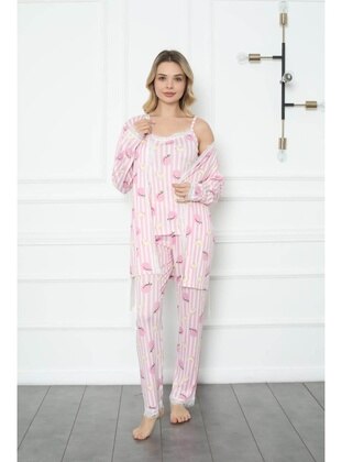 Pink - V neck Collar - Printed - Pyjama Set - Seboteks