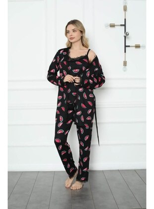 Black - V neck Collar - Printed - Pyjama Set - Seboteks