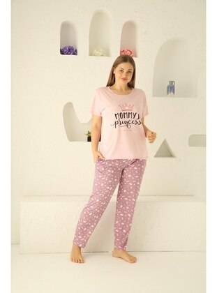 Pink - Printed - Plus Size Pyjamas - Seboteks
