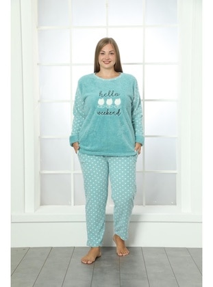 Tulip Polka Dot Pocket Plush Fleece Plus Size Women's Pajama Set 20269 Green