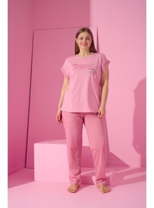 Powder Pink - Printed - Plus Size Pyjamas - Seboteks