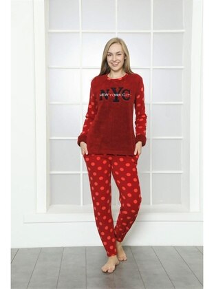 Nyc Polka Dot Plush Fleece Women's Pajama Set With Pockets 20224 Red