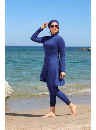 Navy Blue - Unlined - Full Coverage Swimsuit Burkini - Seboteks