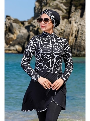 Pareo Model Design Closed Hijab Swimsuit Swimsuit 2290 Black