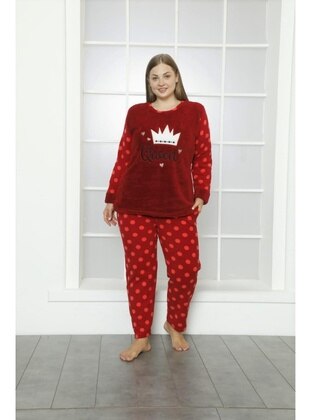 Queen Polka Dot Pocket Plush Fleece Plus Size Women's Pajama Set 20221 Red