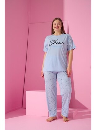 Blue - Printed - Plus Size Pyjamas - Seboteks