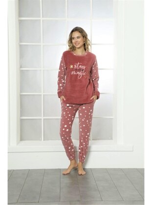 Stay Star Patterned Plush Fleece Women's Pajama Set 20292 Rose