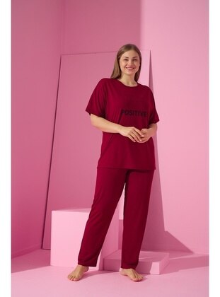 Burgundy - Printed - Plus Size Pyjamas - Seboteks