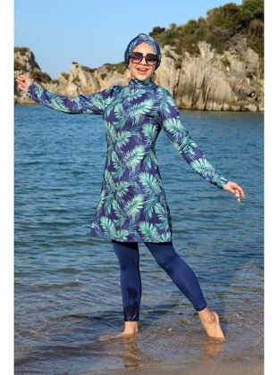 Tropical Pattern Closed Hijab Swimsuit Swimsuit 22662268 Navy Blue