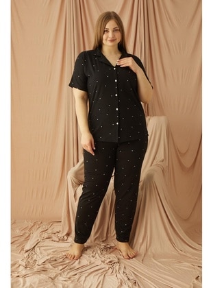 Black - Polka Dot - Plus Size Pyjamas - Seboteks