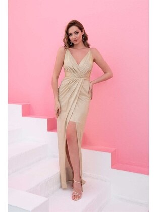 Fully Lined - 1000gr - Gold - Double-Breasted - Evening Dresses - Simmore