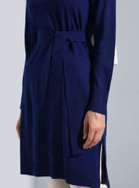 Slit Detailed Belted Knit Tunic - Navy Blue