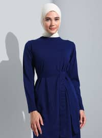 Slit Detailed Belted Knit Tunic - Navy Blue