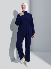 Navy Blue - Unlined - Polo neck - Knit Suits