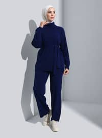Navy Blue - Unlined - Polo neck - Knit Suits