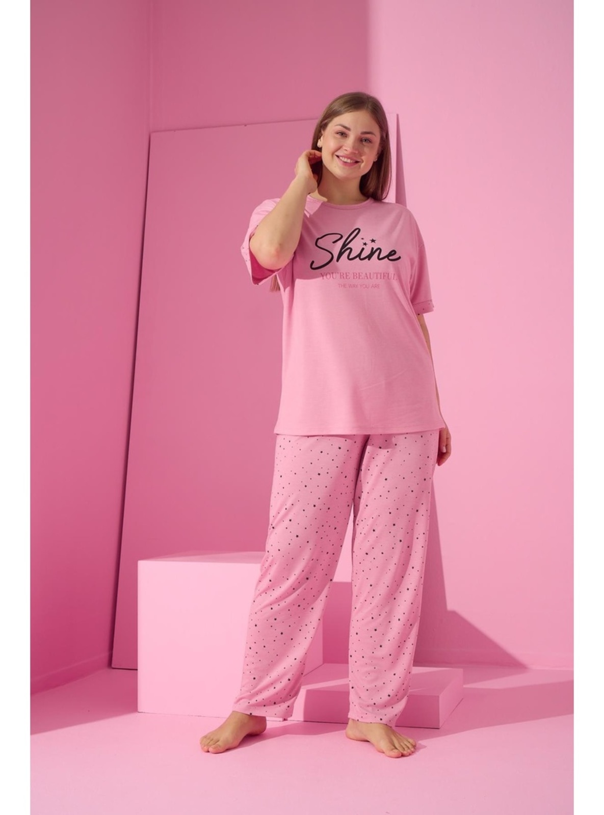 Powder Pink - Printed - Plus Size Pyjamas