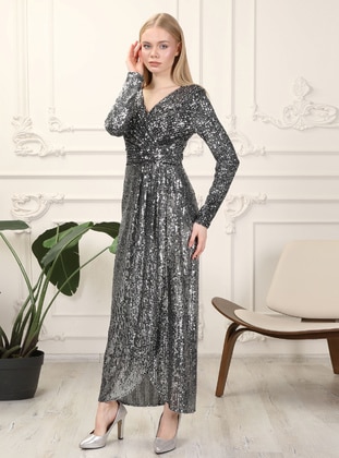 Fully Lined - Black - Silver Color - V neck Collar - Evening Dresses - İz Otantik