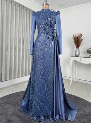 Dark Blue - Fully Lined - Crew neck - Modest Evening Dress - Rana Zenn