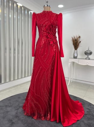 Red - Fully Lined - Crew neck - Modest Evening Dress - Rana Zenn