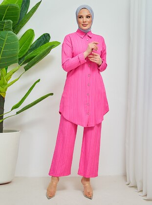 Pink - Unlined - Cuban Collar - Suit - Bayanca Moda