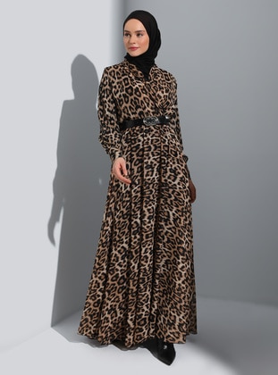 Fully Lined - Leopard - Leopard Patterned - V neck Collar - Evening Dresses - İz Otantik