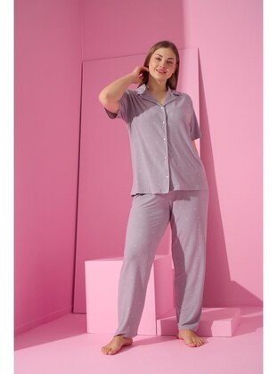 Grey - Printed - Plus Size Pyjamas - Seboteks