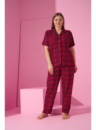 Red - Printed - Plus Size Pyjamas - Seboteks