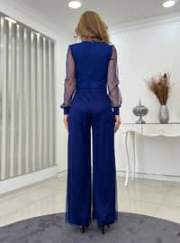 Fully Lined - V neck Collar - Saxe Blue - Evening Jumpsuits